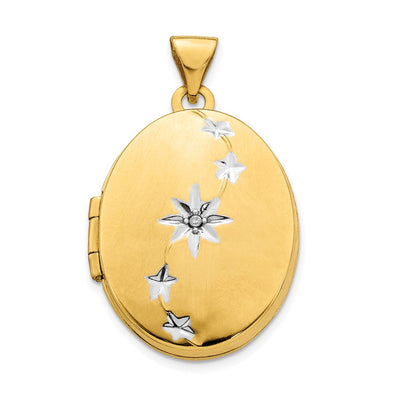 14ky w/ White Rhodium Brushed/Polished Diamond Stars Oval Locket