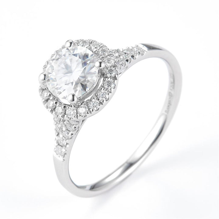 1.28 Ct. Moissanite Sterling Silver (White). Halo Style Solitaire Ring. (Women). Size 7.5