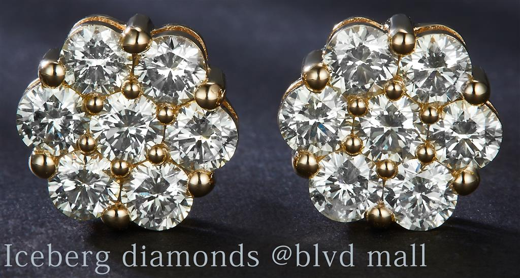 2.58 Ct. Diamond 14 Kt Gold (Yellow). Flower Style Studs Earrings. (Unisex).