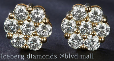 2.58 Ct. Diamond 14 Kt Gold (Yellow). Flower Style Studs Earrings. (Unisex).