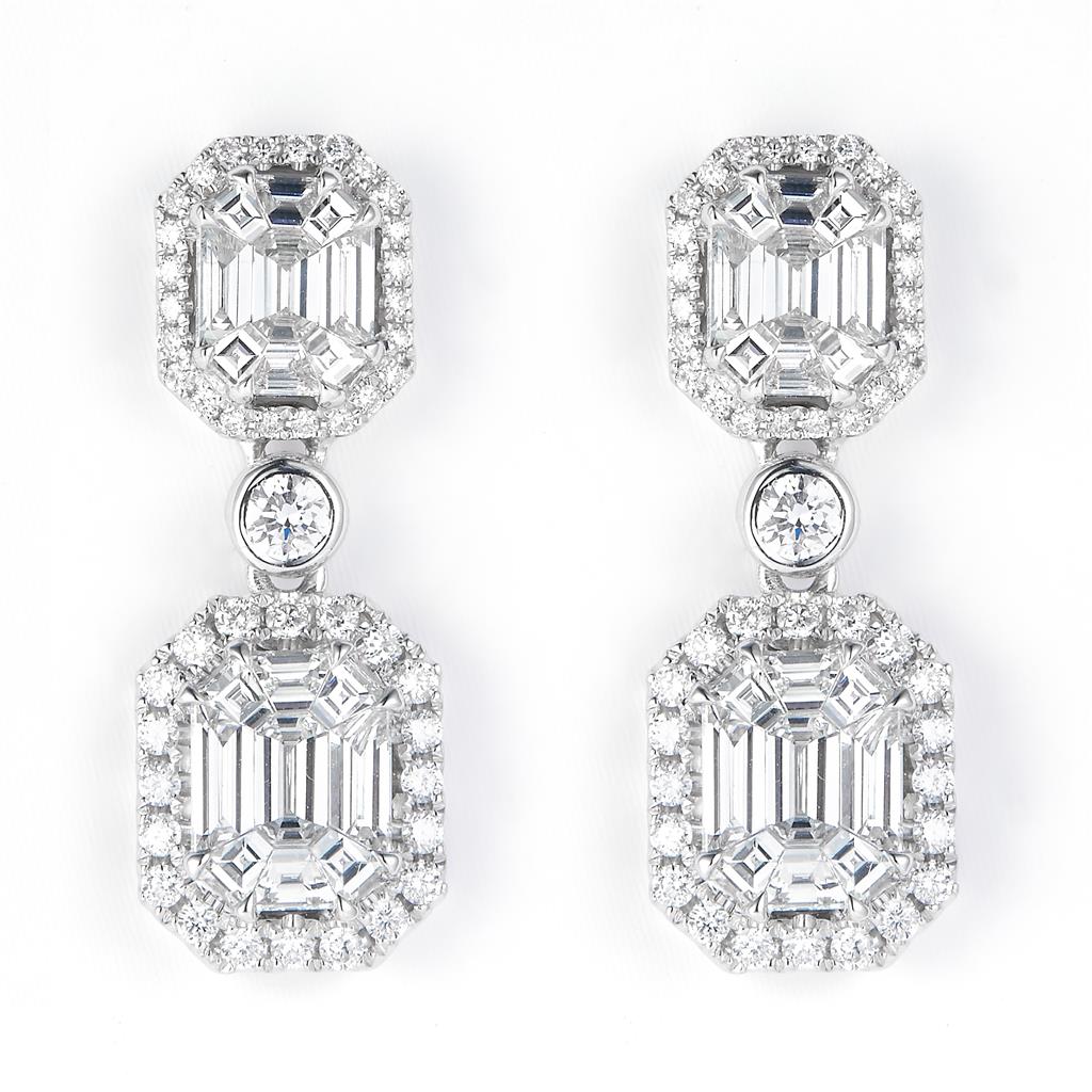 3 Ct. Diamond 18 Kt Gold (White). Emerald & Pie Cut Royalty/Princess Style Dangling Earrings. (Women).