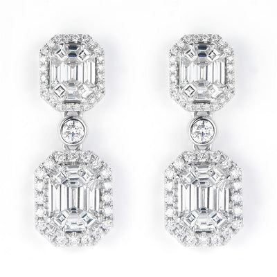 3 Ct. Diamond 18 Kt Gold (White). Emerald & Pie Cut Royalty/Princess Style Dangling Earrings. (Women).