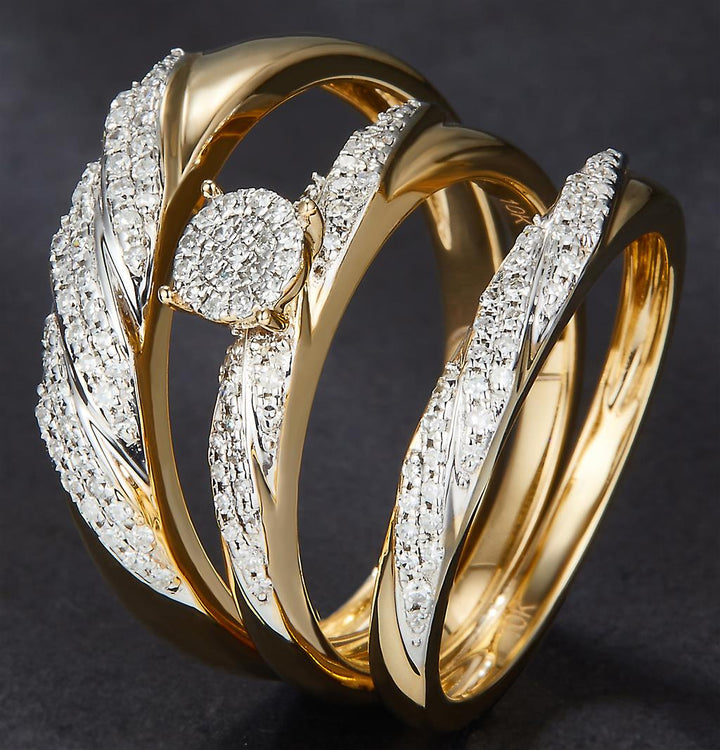0.407 Ct. Diamond 10 Kt Gold (White). Trio Set (Mens Band Size 10, Women Engag & Band) Wedding Set. Size 7.5