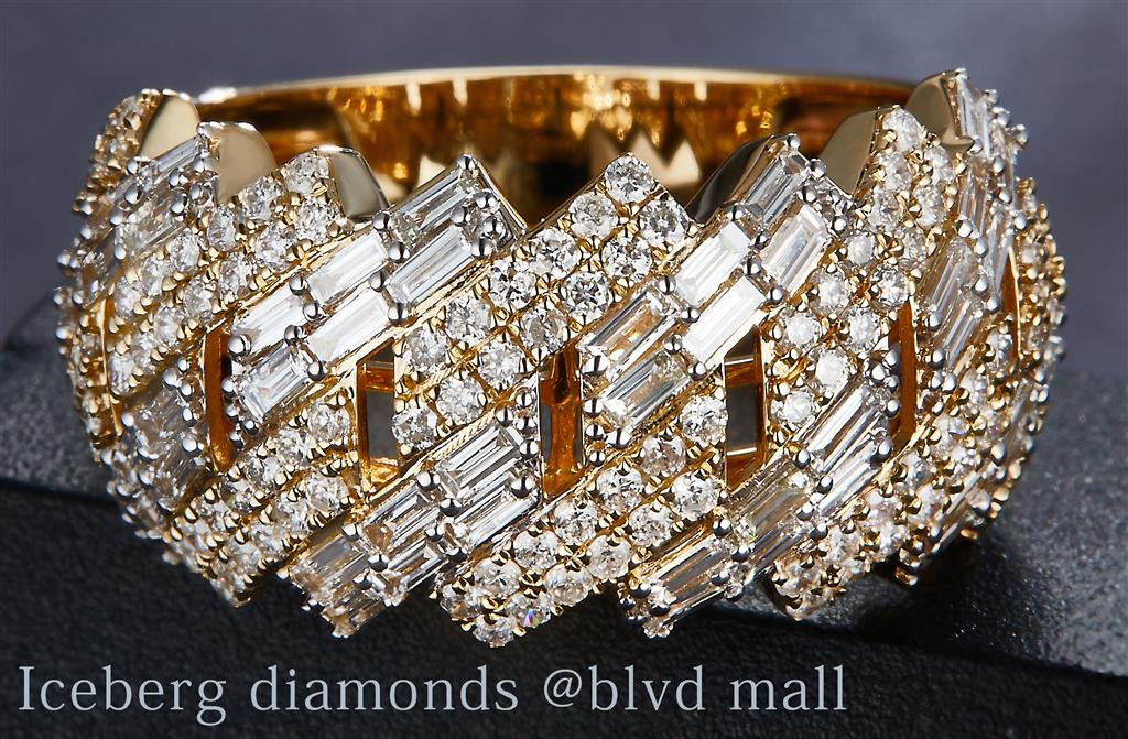 1.759 Ct. Diamond 14 Kt Gold (Yellow). Square Cuban Link Style with Baguettes Ring. (Men). Size 10