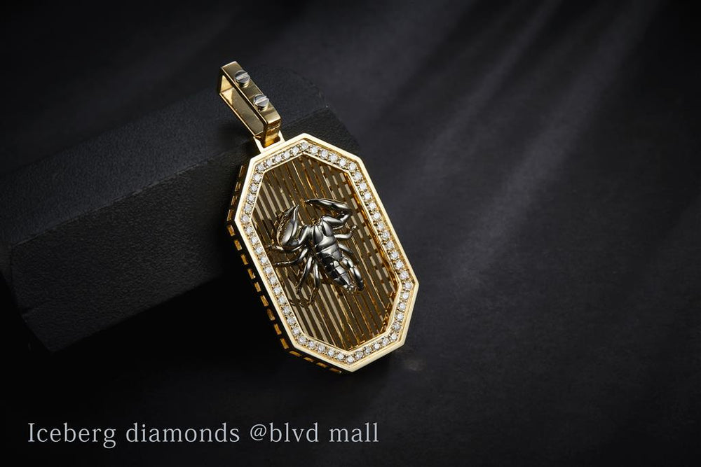 Yellow gold diamond 3D scorpion on solid plate pendant
