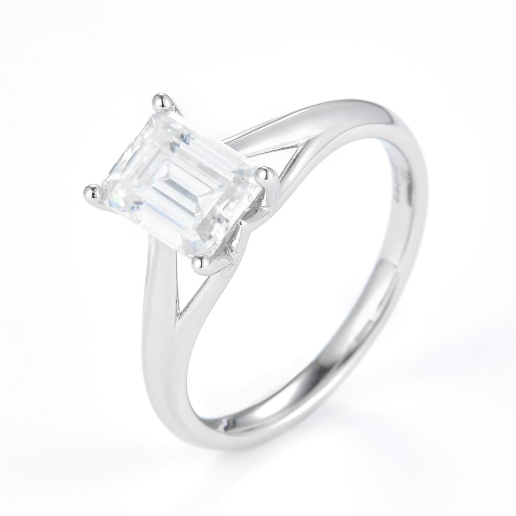 1.602 Ct. Moissanite Sterling Silver (White). Solitaire with Emerald Cut Center Stone Ring. (Women). Size 7.5