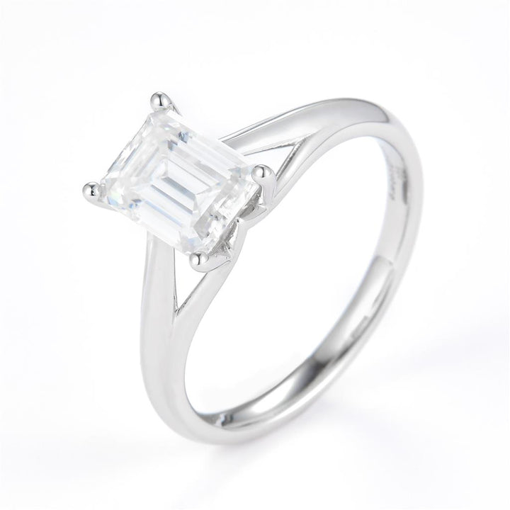 1.602 Ct. Moissanite Sterling Silver (White). Solitaire with Emerald Cut Center Stone Ring. (Women). Size 7.5
