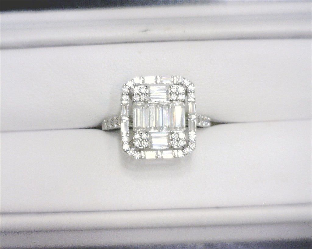 2.239 Carats. Moissanite Silver. with Baguettes Ring. (Women). Size 7.