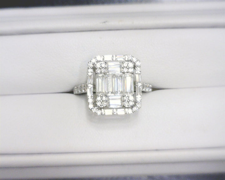2.239 Carats. Moissanite Silver. with Baguettes Ring. (Women). Size 7.