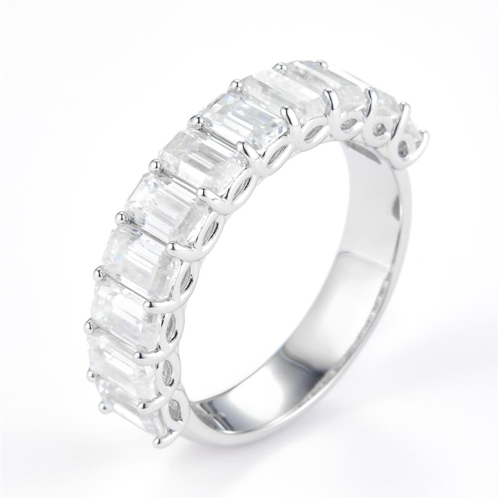 6.315 Ct. Moissanite Sterling Silver (White). Wedding Band with Emerald Cut Stones Ring. (Women). Size 7.5