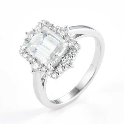 2.856 Ct. Moissanite Sterling Silver (White). Solitaire Halo Style with Emerald Cut Center Stone Ring. (Women). Size 7.5