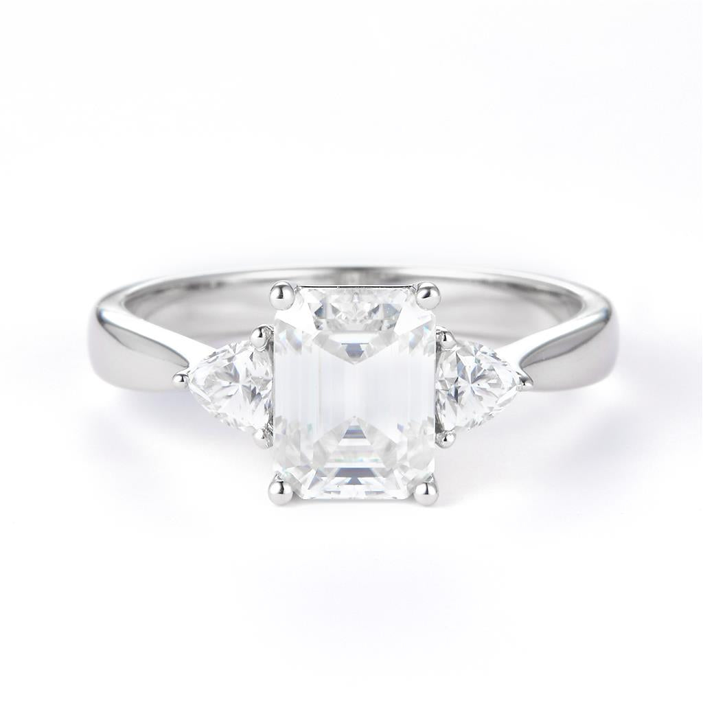 1.94 Ct. Moissanite Sterling Silver (White). 3-Stone Style with Emerald Cut Center & Triangle Side Stones Ring. (Women). Size 7.5