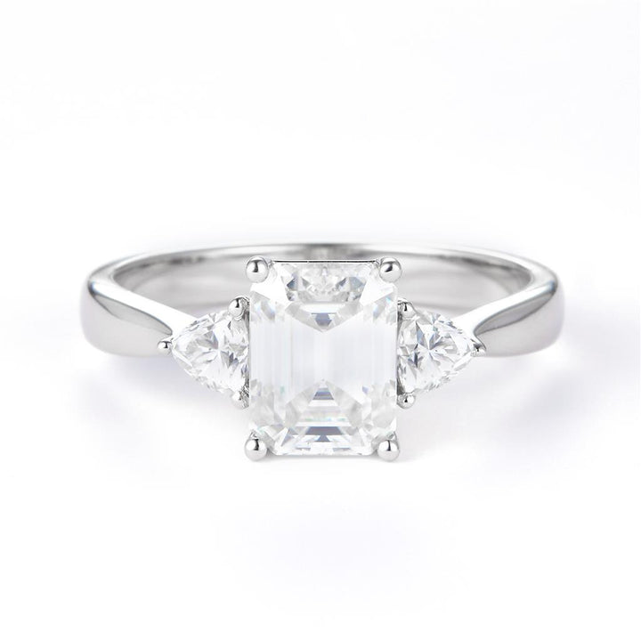 1.94 Ct. Moissanite Sterling Silver (White). 3-Stone Style with Emerald Cut Center & Triangle Side Stones Ring. (Women). Size 7.5