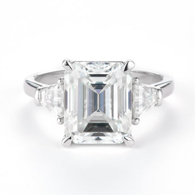 5.855 Ct. Moissanite Sterling Silver (White). Solitaire with Emerald Cut Center Stone Ring. (Women). Size 7.5