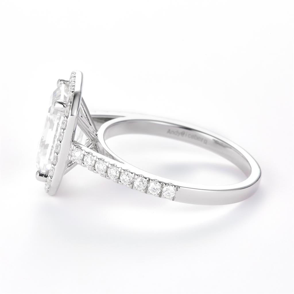 3.74 Ct. Moissanite Sterling Silver (White). Halo Design Solitaire with Emerald Cut Center Stone Ring. (Women). Size 7.5