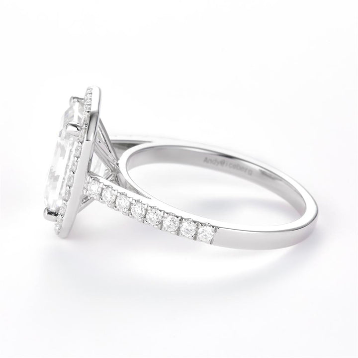 3.74 Ct. Moissanite Sterling Silver (White). Halo Design Solitaire with Emerald Cut Center Stone Ring. (Women). Size 7.5