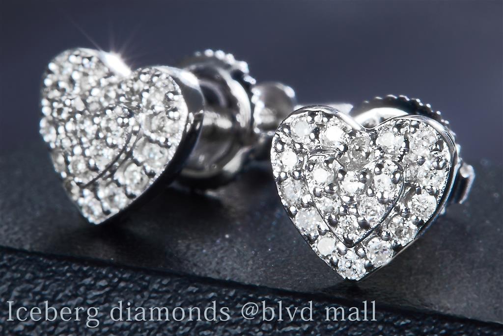 0.102 Ct. Diamond 14 Kt Gold (White). Heart Studs Earrings. (Unisex).