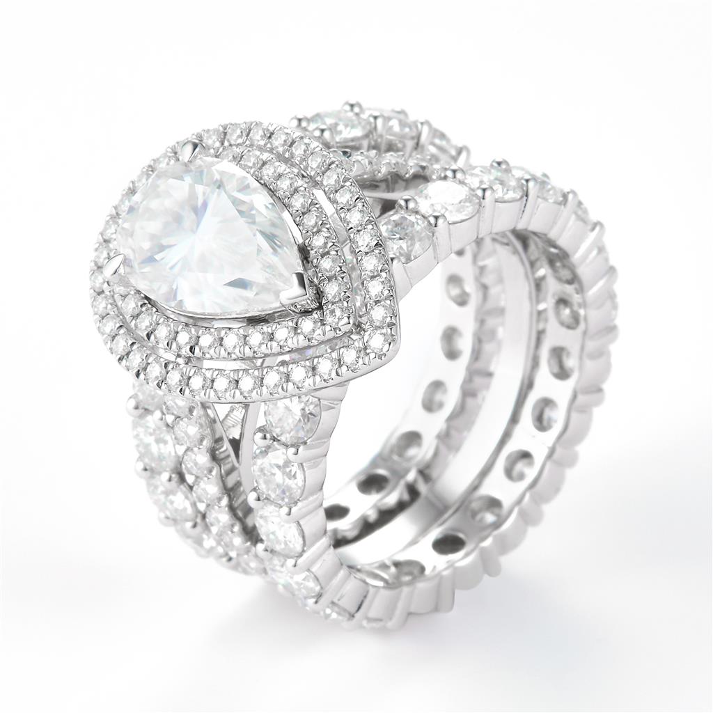7.348 Ct. Moissanite Sterling Silver (White). Wedding Trio Set with Pear Shape Center Stone Ring. (Women). Size 7.5