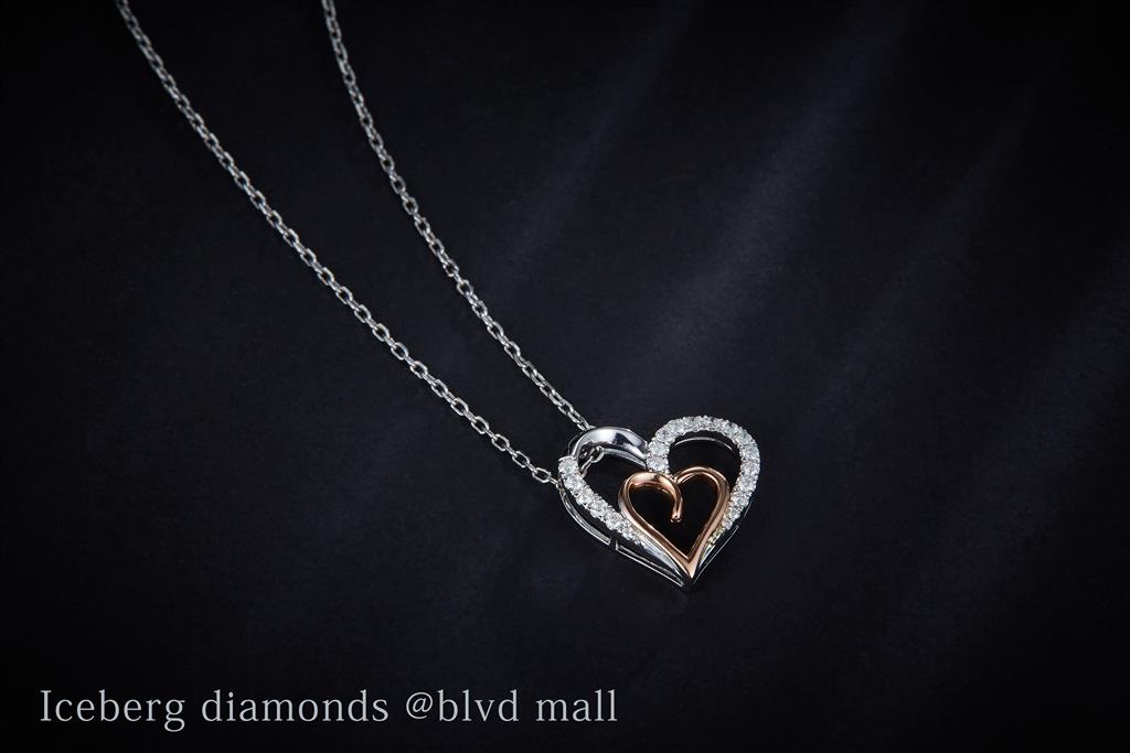 0.156 Ct. Diamond 14 Kt Gold (White & Rose). Double Heart Pendant. (Women).