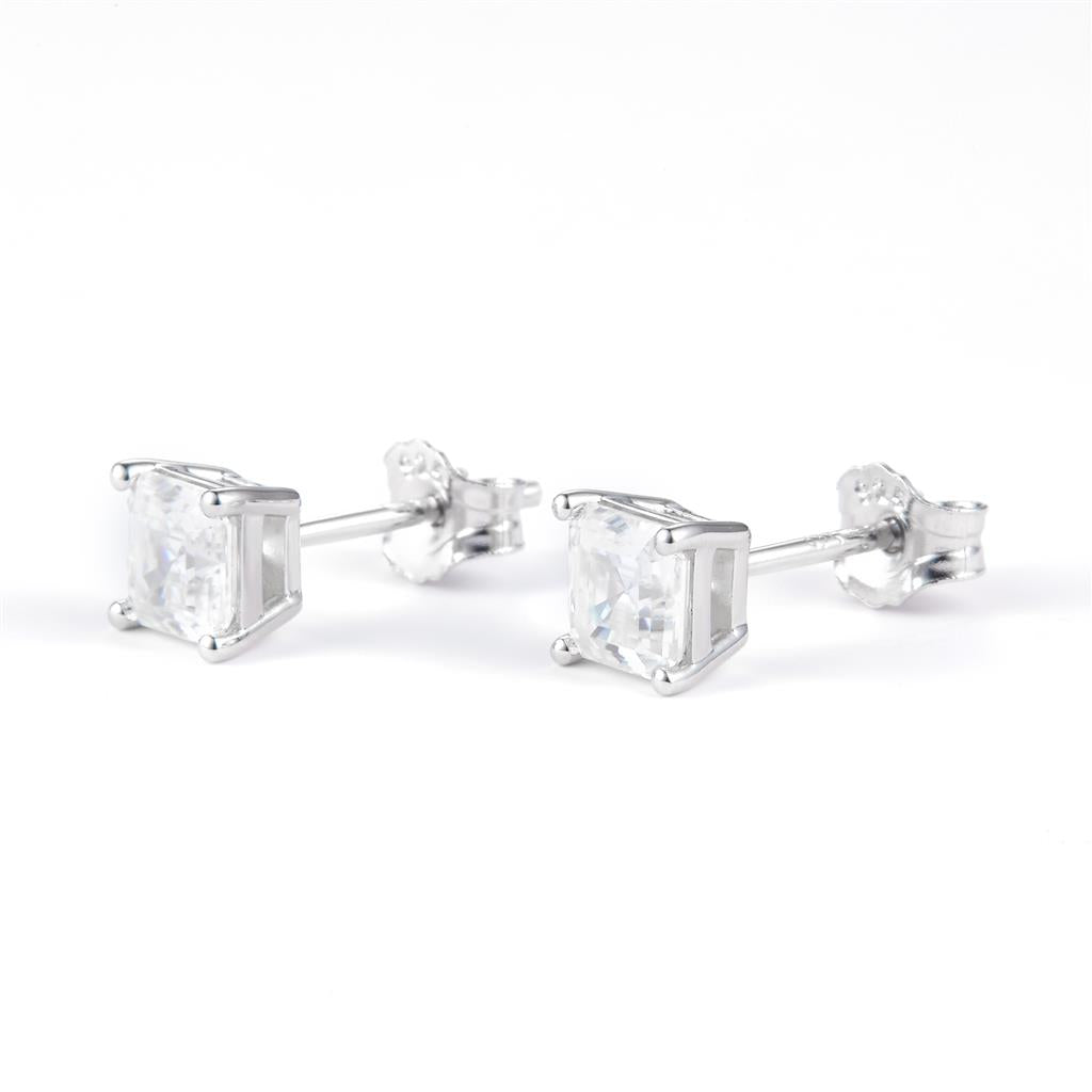 1.23 Ct. Moissanite Sterling Silver (White). Solitaire Stud with Asscher Cut Center Stone Earrings. (Women).