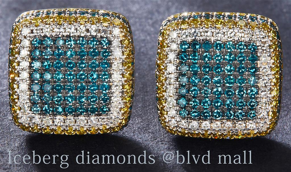 1.4825 Ct. Diamond 10 Kt Gold (Yellow). Studs with Blue, Yellow & White Diamonds Earrings. (Unisex).