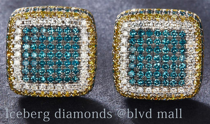 1.4825 Ct. Diamond 10 Kt Gold (Yellow). Studs with Blue, Yellow & White Diamonds Earrings. (Unisex).