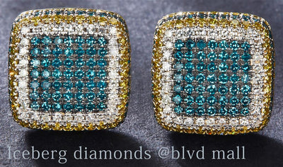 1.36 Ct. Diamond 14 Kt Gold (Yellow). Studs with Blue, Yellow & White Diamonds Earrings. (Unisex).