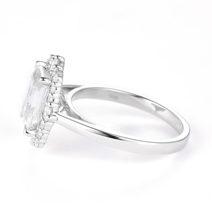 2.856 Ct. Moissanite Sterling Silver (White). Solitaire Halo Style with Emerald Cut Center Stone Ring. (Women). Size 7.5