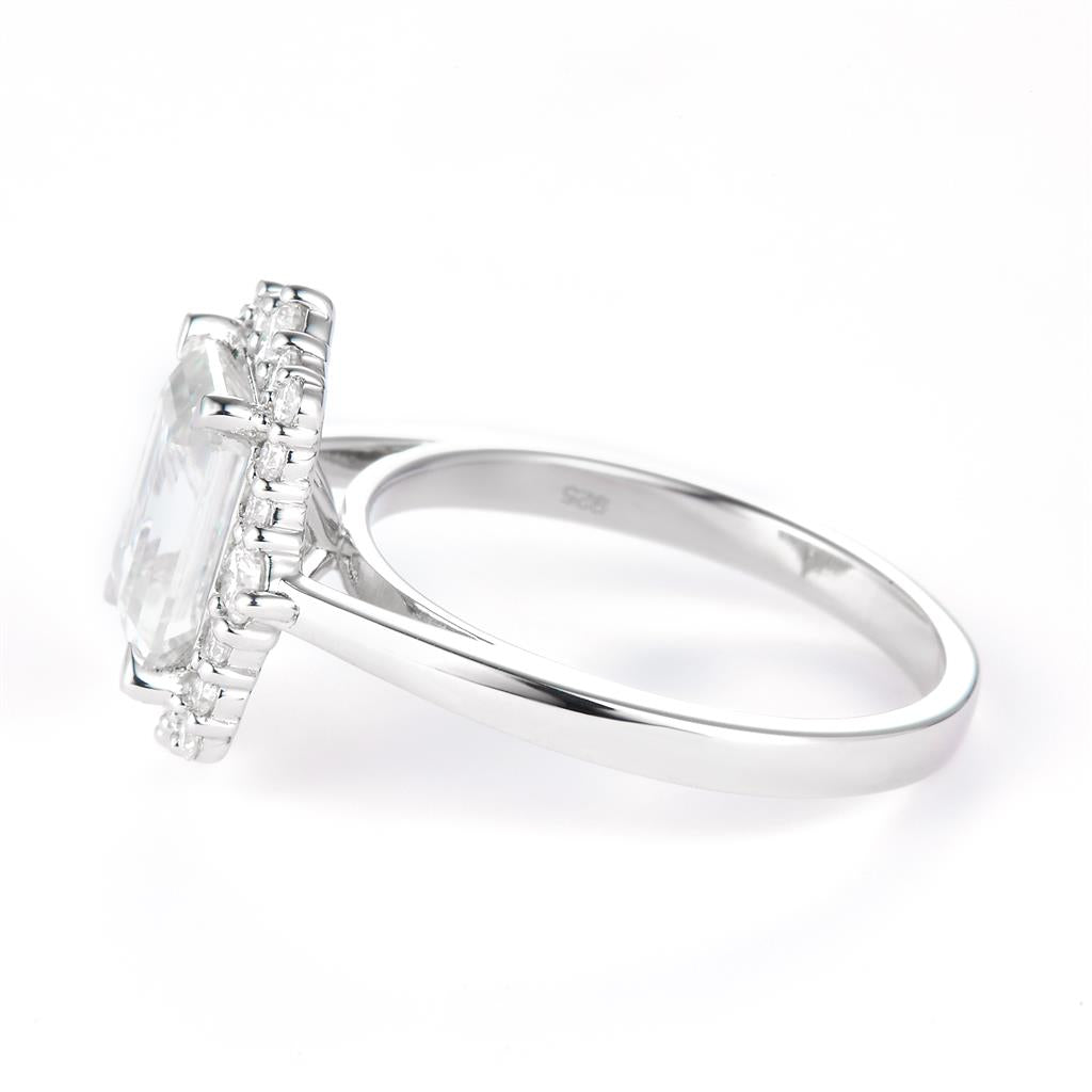 2.856 Ct. Moissanite Sterling Silver (White). Solitaire Halo Style with Emerald Cut Center Stone Ring. (Women). Size 7.5