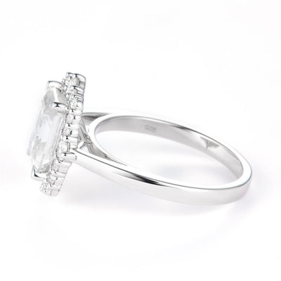 2.856 Ct. Moissanite Sterling Silver (White). Solitaire Halo Style with Emerald Cut Center Stone Ring. (Women). Size 7.5