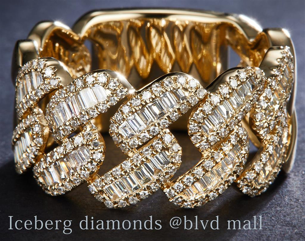 Yellow gold diamond Cuban link style with baguettes ring