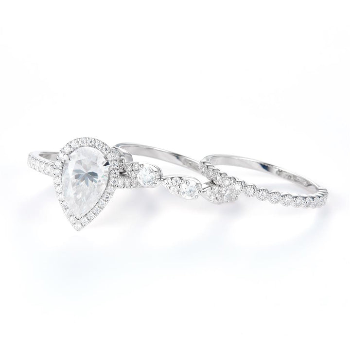 3.344 Ct. Moissanite Sterling Silver (White). Wedding Trio Set with Pear Shape Center Stone Ring. (Women). Size 7.5