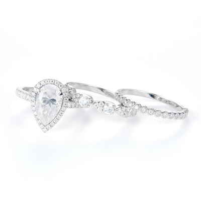 3.344 Ct. Moissanite Sterling Silver (White). Wedding Trio Set with Pear Shape Center Stone Ring. (Women). Size 7.5