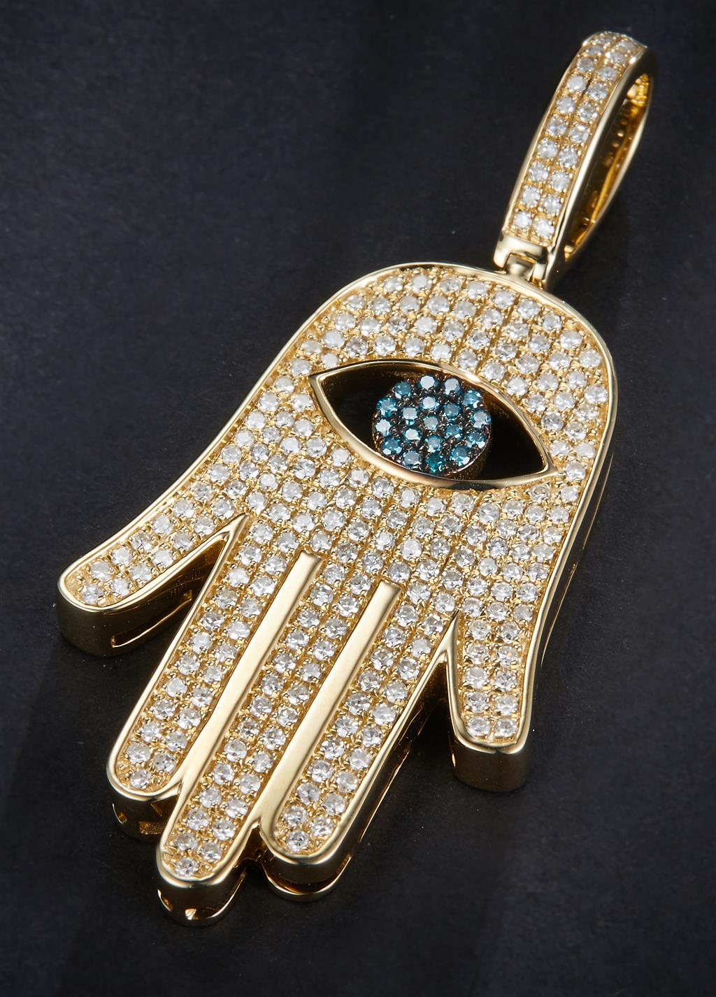 0.73 Ct. Diamond 14 Kt Gold (Yellow). Khamsa with Blue Diamond Eye Pendant. (Unisex).