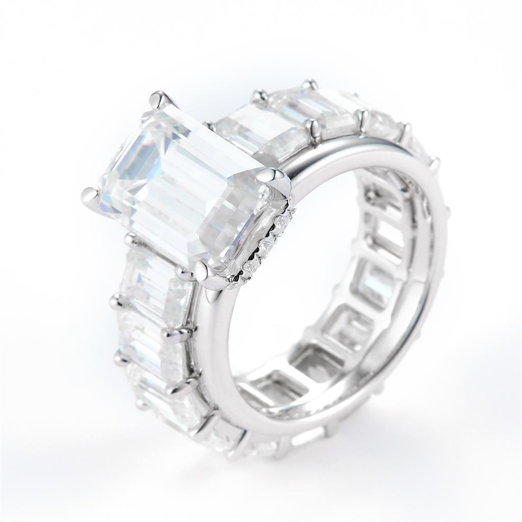 14.345 Ct. Moissanite Sterling Silver (White). Emeral Cut Stones Wedding Set Ring. (Women). Size 7.5