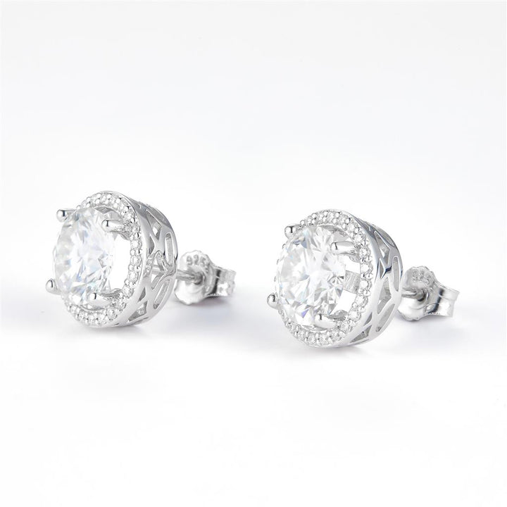 4.219 Ct. Moissanite Sterling Silver (White). Halo Style Solitaire Stud Earrings. (Women).