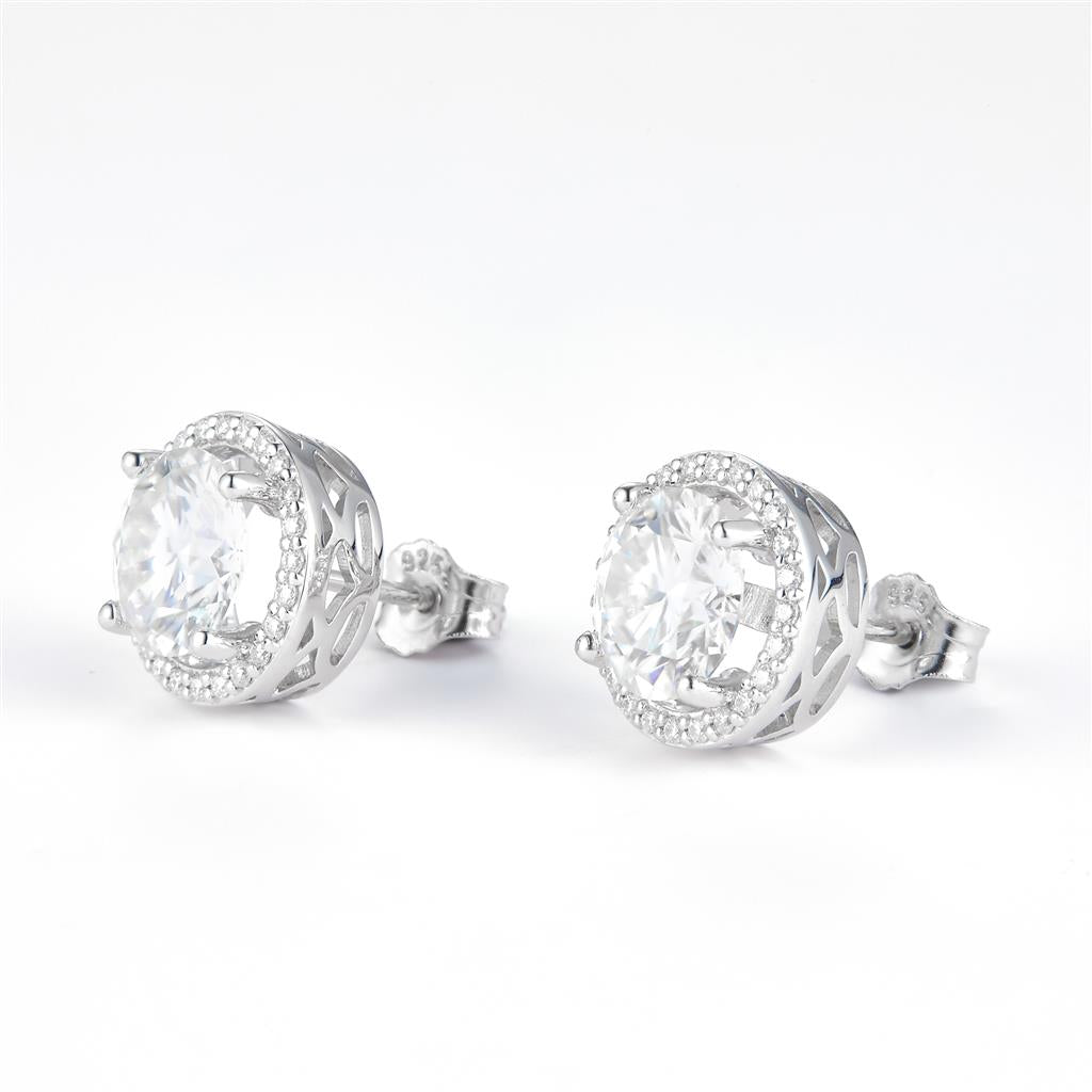 4.219 Ct. Moissanite Sterling Silver (White). Halo Style Solitaire Stud Earrings. (Women).