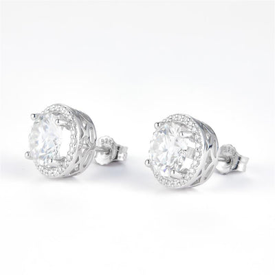4.219 Ct. Moissanite Sterling Silver (White). Halo Style Solitaire Stud Earrings. (Women).