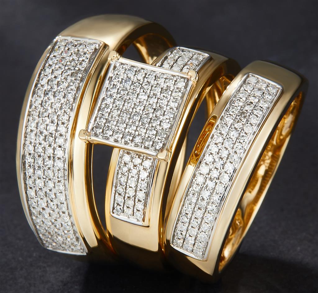 0.662 Ct. Diamond 10 Kt Gold (Yellow). Trio Set (Mens Band Size 10, Women Engag & Band) Wedding Set. Size 7.5