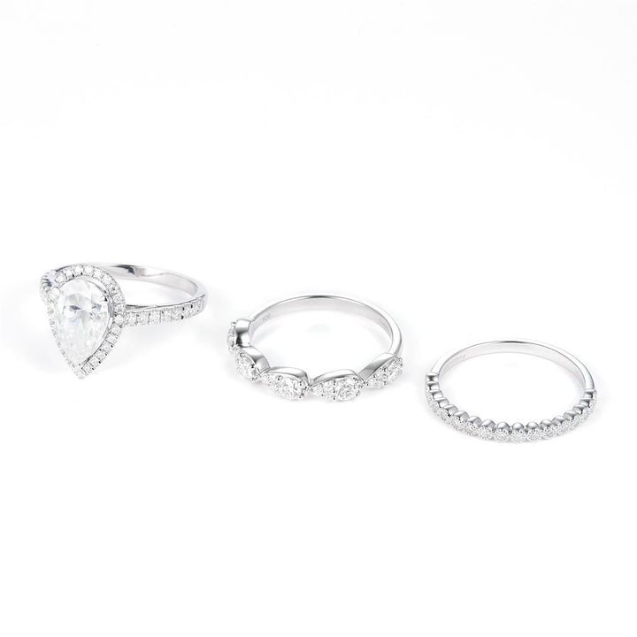 3.344 Ct. Moissanite Sterling Silver (White). Wedding Trio Set with Pear Shape Center Stone Ring. (Women). Size 7.5