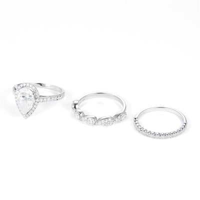 3.344 Ct. Moissanite Sterling Silver (White). Wedding Trio Set with Pear Shape Center Stone Ring. (Women). Size 7.5