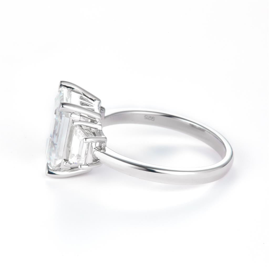 4.99 Ct. Moissanite Sterling Silver (White). Solitaire with Emerald Cut Center Stone Ring. (Women). Size 7.5