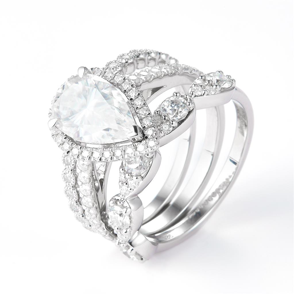 3.344 Ct. Moissanite Sterling Silver (White). Wedding Trio Set with Pear Shape Center Stone Ring. (Women). Size 7.5