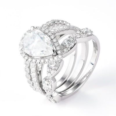 3.344 Ct. Moissanite Sterling Silver (White). Wedding Trio Set with Pear Shape Center Stone Ring. (Women). Size 7.5