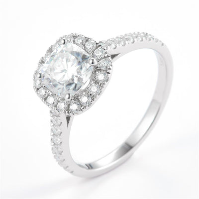 1.819 Ct. Moissanite Sterling Silver (White). Halo Style Solitaire with Cushion Cut Center Stone Ring. (Women). Size 7.5