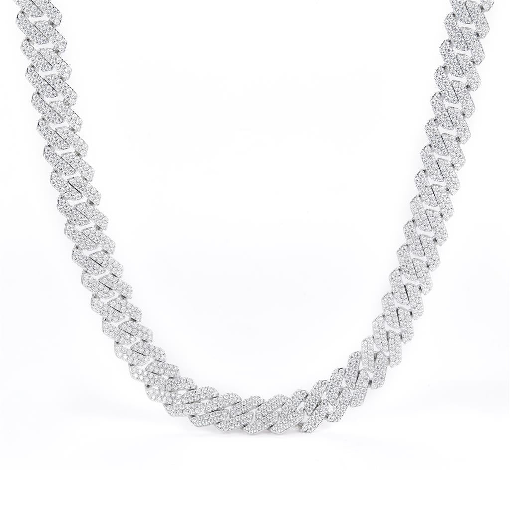 36.94 Ct. Moissanite Sterling Silver (White). Solid Square Cuban Chain. (Men). 22 in Long. 14 mm Wide