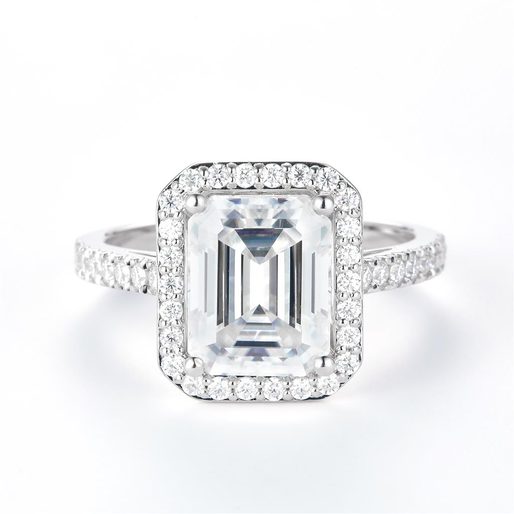 3.74 Ct. Moissanite Sterling Silver (White). Halo Design Solitaire with Emerald Cut Center Stone Ring. (Women). Size 7.5