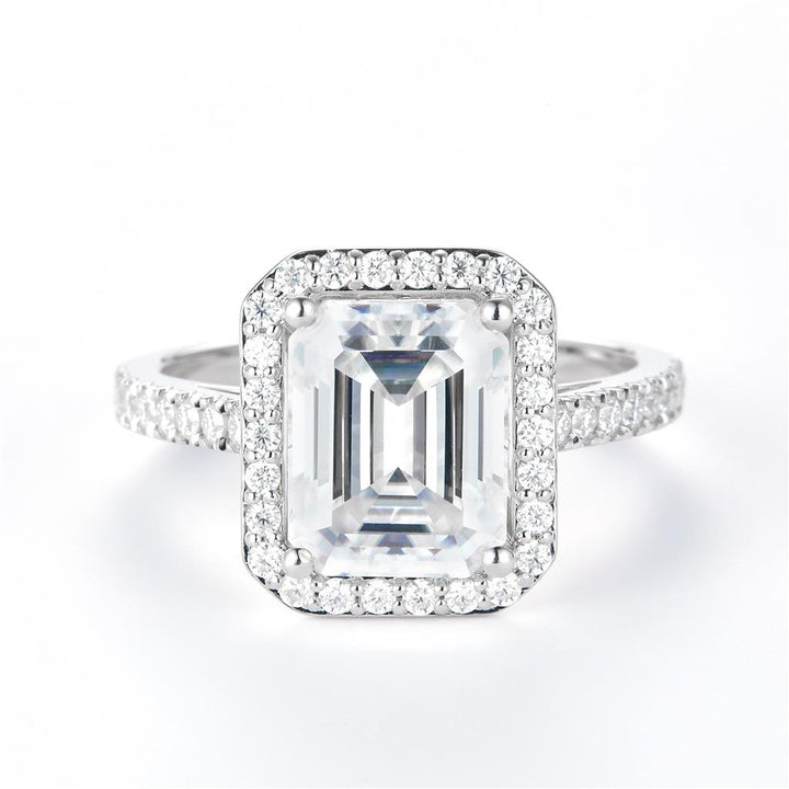 3.74 Ct. Moissanite Sterling Silver (White). Halo Design Solitaire with Emerald Cut Center Stone Ring. (Women). Size 7.5