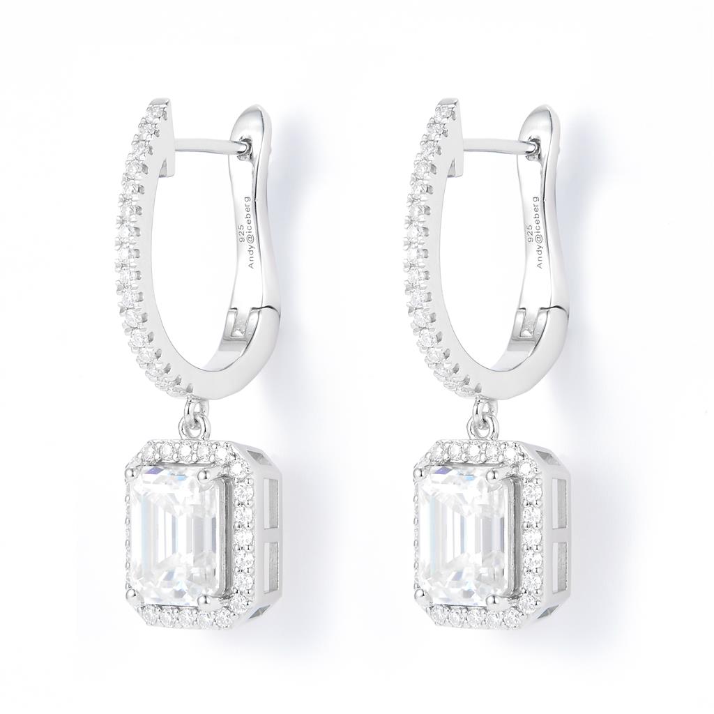 3.67 Ct. Moissanite Sterling Silver (White). Dangle with Emerald Cut approx 1/2 Ct Center Stone Each with Hinged Snap Fastening Earrings. (Women).