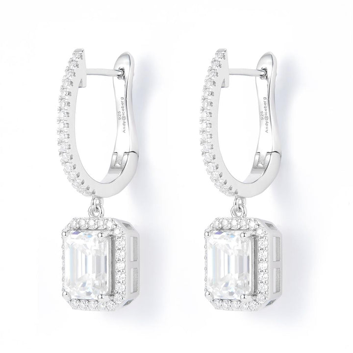 3.67 Ct. Moissanite Sterling Silver (White). Dangle with Emerald Cut approx 1/2 Ct Center Stone Each with Hinged Snap Fastening Earrings. (Women).
